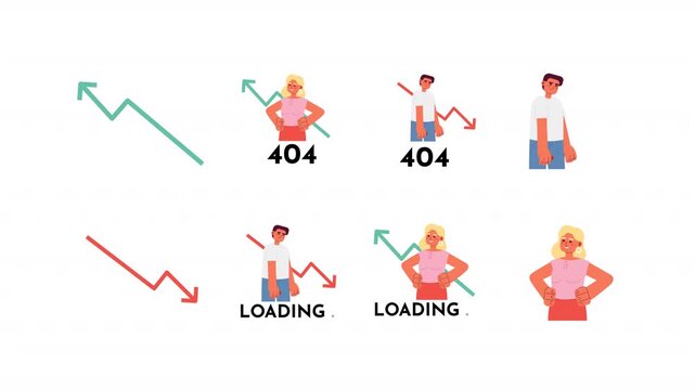 Financial rise and decline loading error cartoon animation pack. Confident and discouraged entrepreneurs. Upward and downward trend arrows animated flat 4K video collection on transparent background