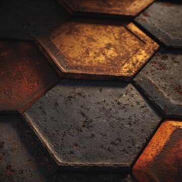 Close-up of hexagonal tiles with a rustic, metallic texture showing varying degrees of rust and wear, creating a pattern of dark and light browns and blacks