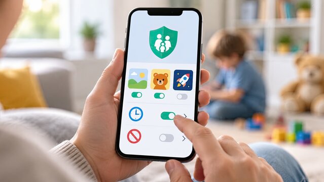 Smartphone displaying parental control settings with app icons and toggles in a home setting, while a child plays blurred in the background.