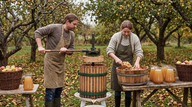 Couple pressing apples in orchard during heritage apple pressing day for fresh juice