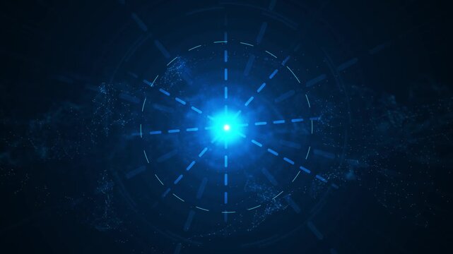 Bright blue radial markers connected particle network on a dark digital field. time management, deadlines, scheduling, countdowns, productivity, finance, technology, business presentation graphics.