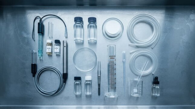 Knolled water treatment lab equipment including pH probe, conductivity meter, sample vials, filter membranes and tubing on a stainless workbench.