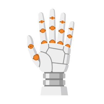 White and orange robotic hand with segmented mechanical fingers and articulated joints in a modern flat vector illustration style