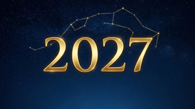 Glowing golden 2027 text overlay on starry night sky with constellation pattern for futuristic event branding