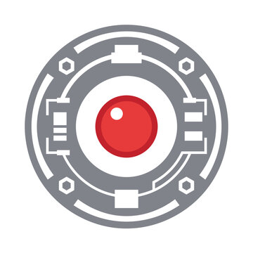 Futuristic digital interface eye with a red camera lens and circular tech frame in a modern flat vector illustration style