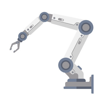 Advanced white and blue robotic surgical arm with a precise mechanical gripper in a modern flat vector illustration style