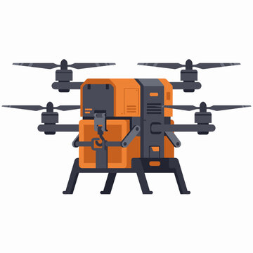 Futuristic automated logistics delivery drone carrying cargo package in a modern flat vector illustration style