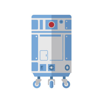 Futuristic cylindrical service droid and rolling automated utility robot on caster wheels in a modern flat vector illustration style