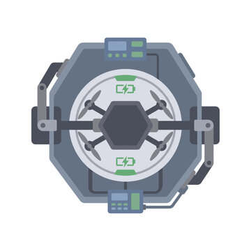 Futuristic drone maintenance and charging dock station with a quadcopter in a modern flat vector illustration style