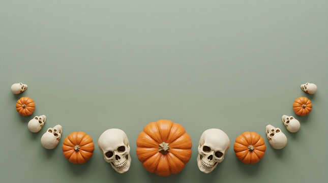 Halloween decorations skulls pumpkins festive arrangement still life