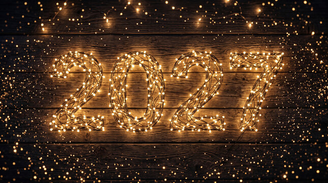 Golden sparkle string lights forming 2027 year number on rustic wooden background for event branding