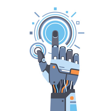 Futuristic robotic hand interacting with a digital touch screen user interface in a modern flat vector illustration style
