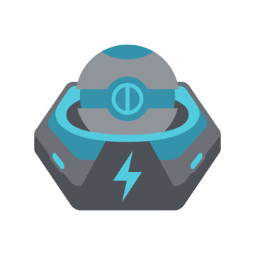 Futuristic robotic charging dock station with a glowing power symbol and sci-fi droid sphere in a flat vector style