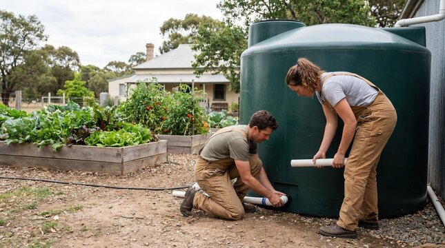 Couple installing rainwater harvesting system in backyard garden for sustainable living