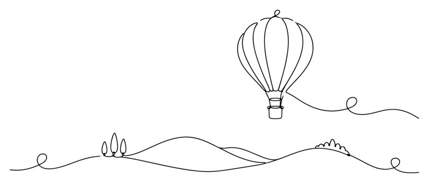 Hot air balloon flying over rolling hills landscape in continuous line art style