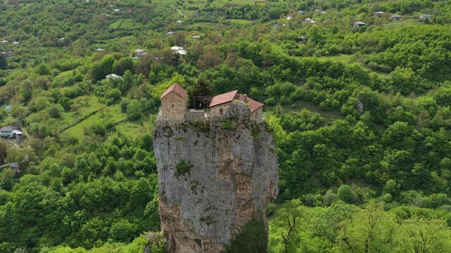 Aerial view of Katskhi Pillar monastery in Katskhi, Georgia.