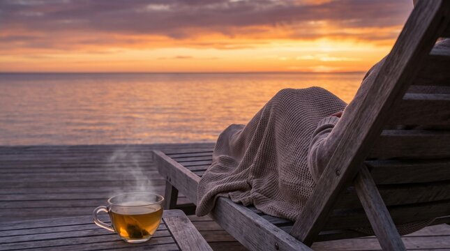 Person relaxing on wooden lounger with blanket and hot tea near calm sea during sunset horizon. Perfect for travel blogs, relaxation guides, and wellness magazines.