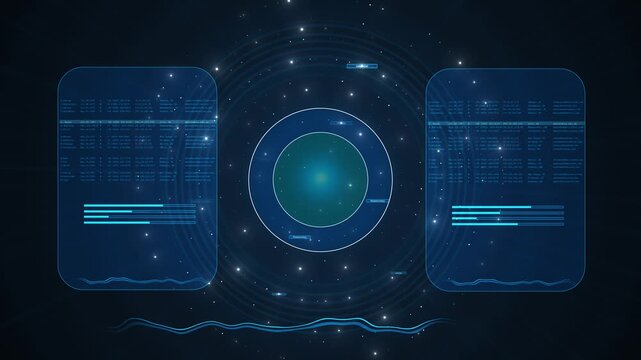 Circular scanner transparent data panels, charts, digital records. security, network monitoring, analytics, identity verification, business dashboards, 19 explainers, futuristic presentations.