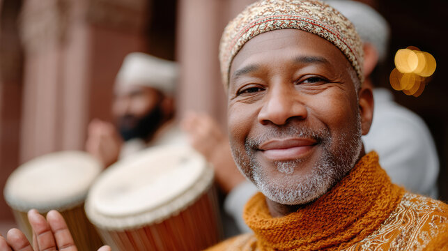 Smiling elder musician playing hand drum amazigh cultural festival courtyard circle, traditional clothing  headwear joyous clapping captured community heritage celebration cultural tourism storytellin