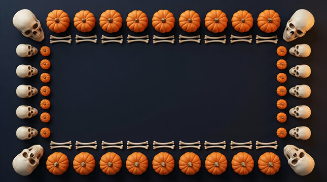 Halloween border with pumpkins skulls and bone decorations