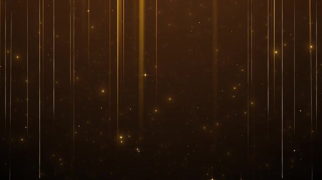 Elegant gold light streaks, tiny stars, particles glow deep brown background. award ceremonies, luxury events, wedding titles, gala stages, holiday promotions, logo reveals, cinematic celebration
