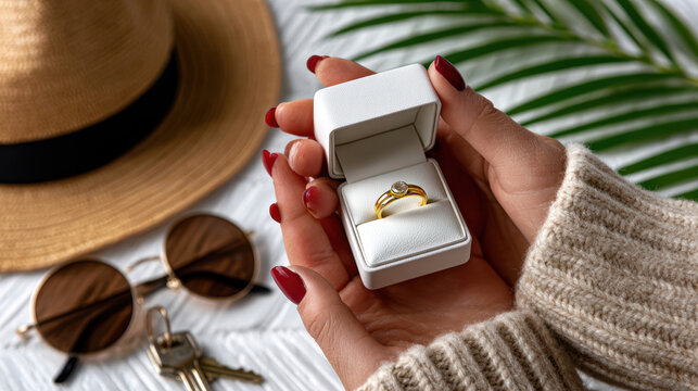 Engagement ring in white gift box held over tabletop with sunglasses keys and straw hat for proposal announcements, wedding planning visuals and anniversary travel posts
