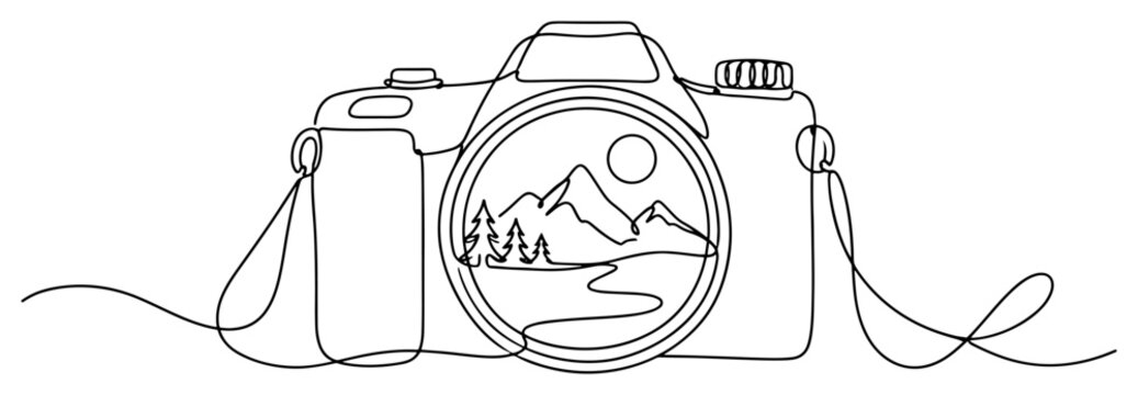 Photo camera with mountain landscape in lens in continuous line art style