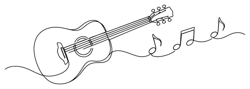 Acoustic guitar with musical notes melody in continuous line art style