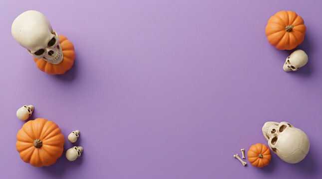 Autumn pumpkins and gourds arrangement on lilac background
