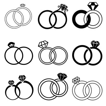 Wedding rings icon set featuring diamond engagement rings linear vector graphic elements for love, marriage, and jewelry design isolated on white transparent background PNG