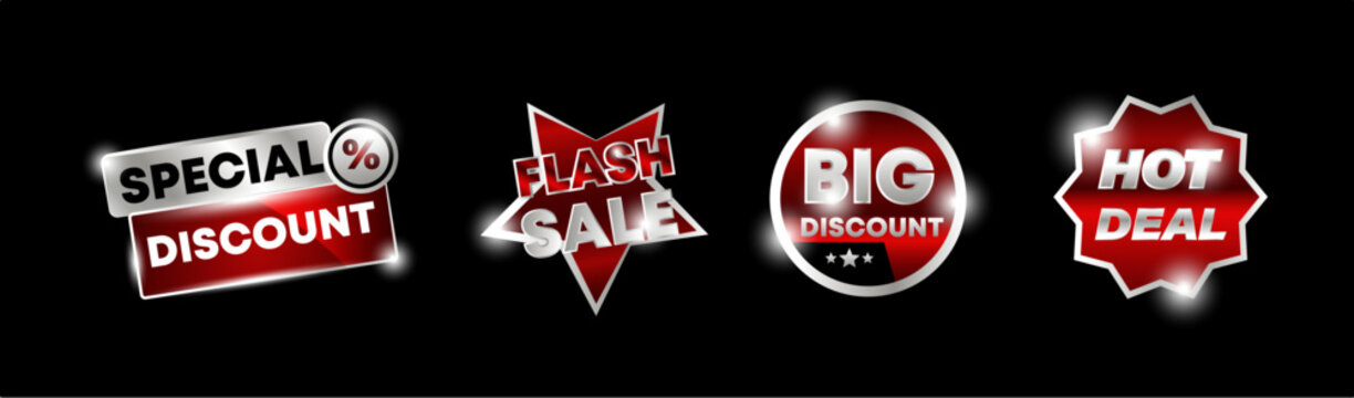 Collection of 4 3D glossy metallic promotional badges and price stickers vector design