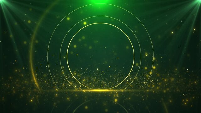 Concentric golden rings glow deep background particles rise luminous floor beneath corner beams. luxury awards, wedding titles, holiday greetings, events, product displays logo reveals, elegant motion