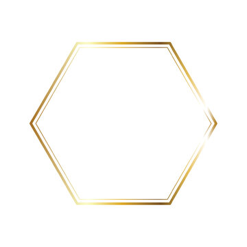 Thin double-lined hexagonal gold frame, geometric metallic border isolated on a plain white background