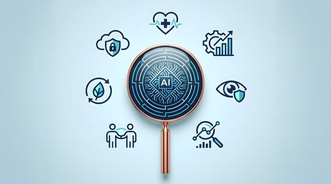 Artificial intelligence and data analytics concept. Magnifying glass with circuit board pattern surrounded by icons for healthcare cloud security and business growth