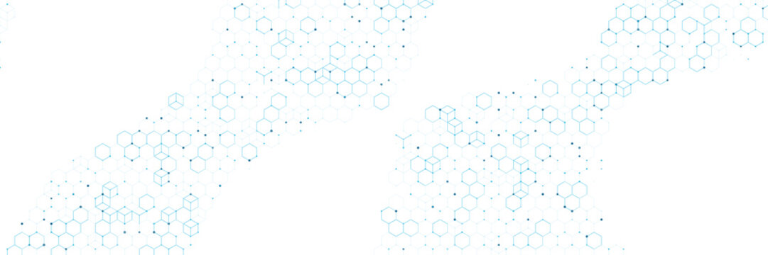 Blue hexagonal molecular network pattern with geometric cube structures and interconnected nodes on a clean white background