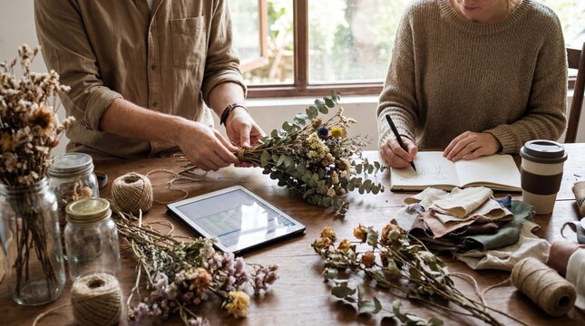 Couple preparing dried flower arrangements for sustainable wedding at home