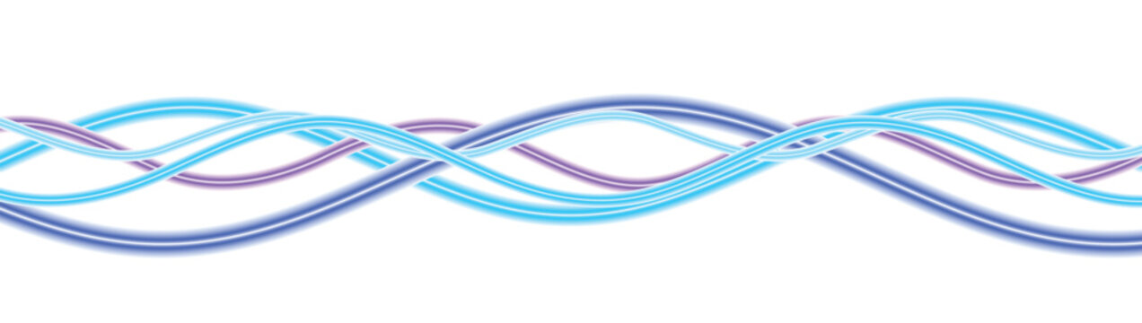 Intertwined glowing blue and purple neon waves, smooth sinusoidal lines flowing horizontally across a clean white background