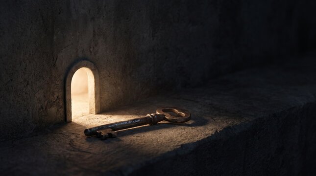 Old vintage metal key lying on stone ledge in front of glowing arched doorway symbolizing 