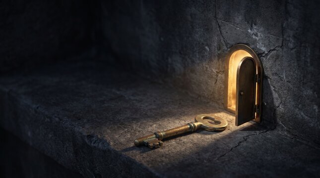 Vintage key lying in front of open tiny glowing door on stone wall symbolizing business opportunity secret access and success solution