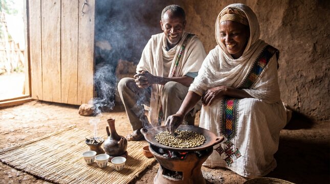 Ethiopian couple performing traditional coffee ceremony in cozy home setting