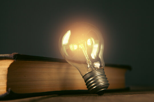 Light bulb and book on wooden table. Business concept.