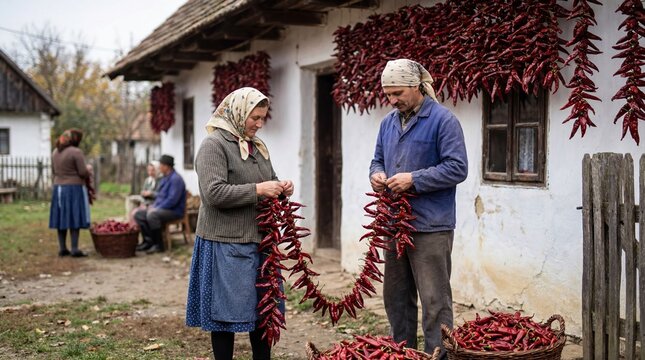 Couple harvesting traditional hungarian paprika in rural outdoor setting