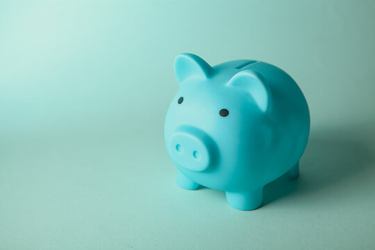 Blue piggy bank on a blue background. Save money concept.