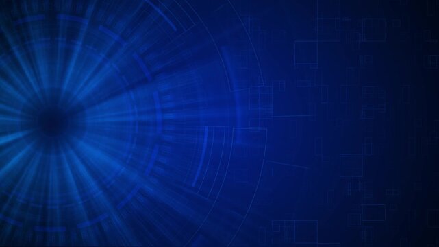 Blue HUD circle radiates digital background filled transparent squares open copy space. for cyber security, artificial intelligence, software presentations, data analysis, network videos tech intros.