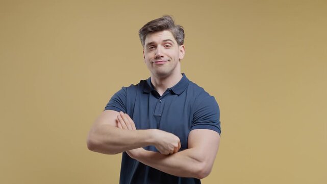 Ambitious brunette selfish man satisfied by hisself. Adult dude smug, proud. He is self-Confident brag on beige studio background. Selfishness, arrogance concept.