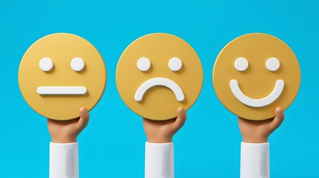 Three Hands Holding Feedback Rating Emoji Faces On Blue Background