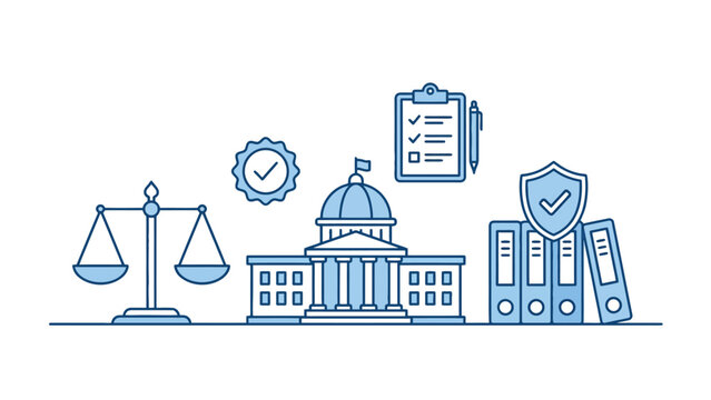 Legal government building icons with scales of justice and office folders presented on white background
