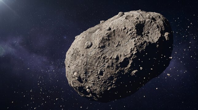 Cinematic side angle of asteroid in deep space with rocky surface texture and soft glowing rim light from distant sun for space mining visual detailed
