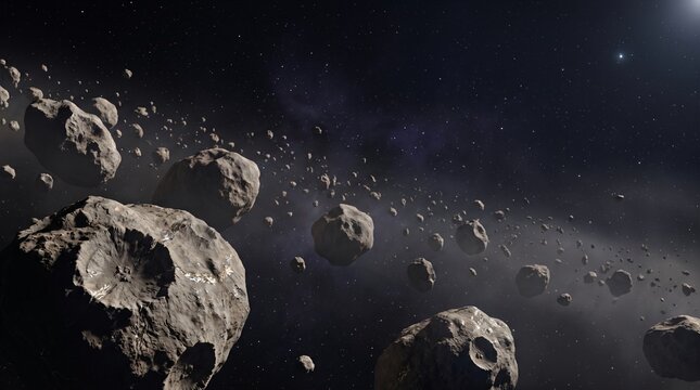 Wide view of asteroid belt with multiple rocky asteroids in deep space with star field background and faint nebula for cosmic exploration theme detailed