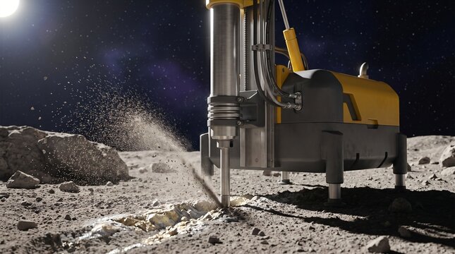Asteroid mining drill equipment on rocky asteroid surface in deep space with metallic ore veins and star field background for cosmic industry detailed